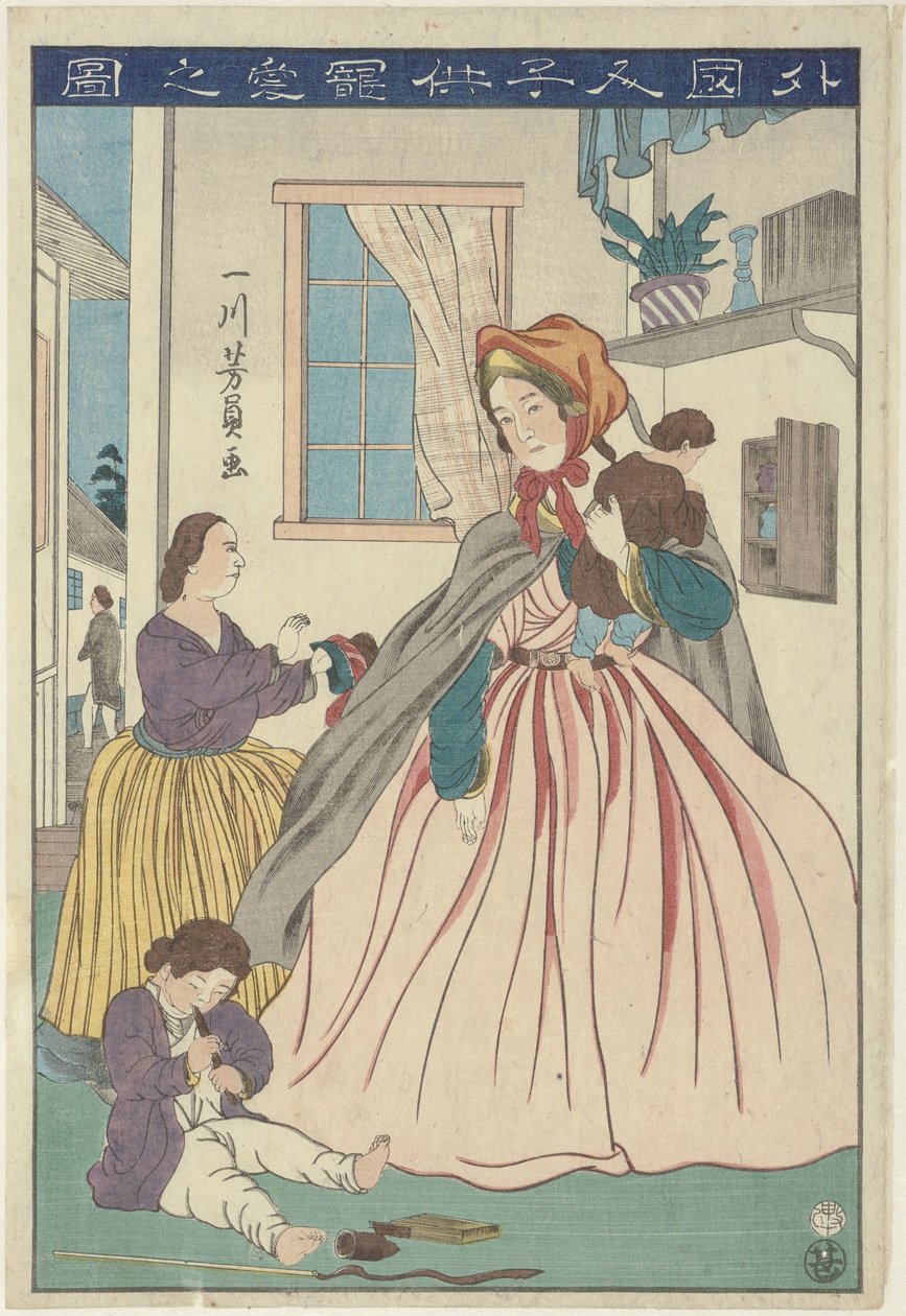 Miłość obcej kobiety do swoich dzieci Gaikokujin kodomo chôai no zu (tytuł na obiekcie) autorstwa Utagawa Yoshikazu