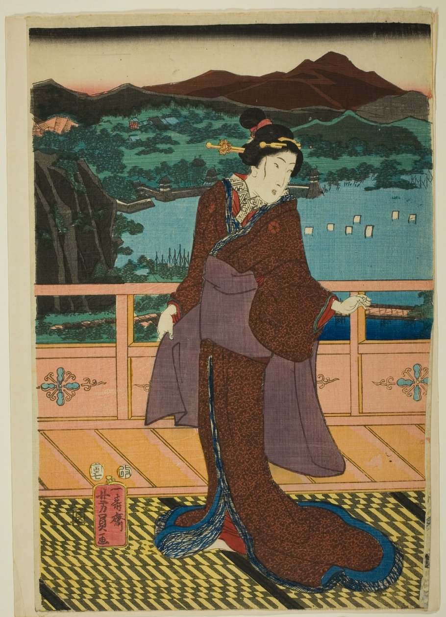 Osiem widoków na jezioro Biwa wieczorem (Omi Hakkei Moku) autorstwa Utagawa Yoshikazu
