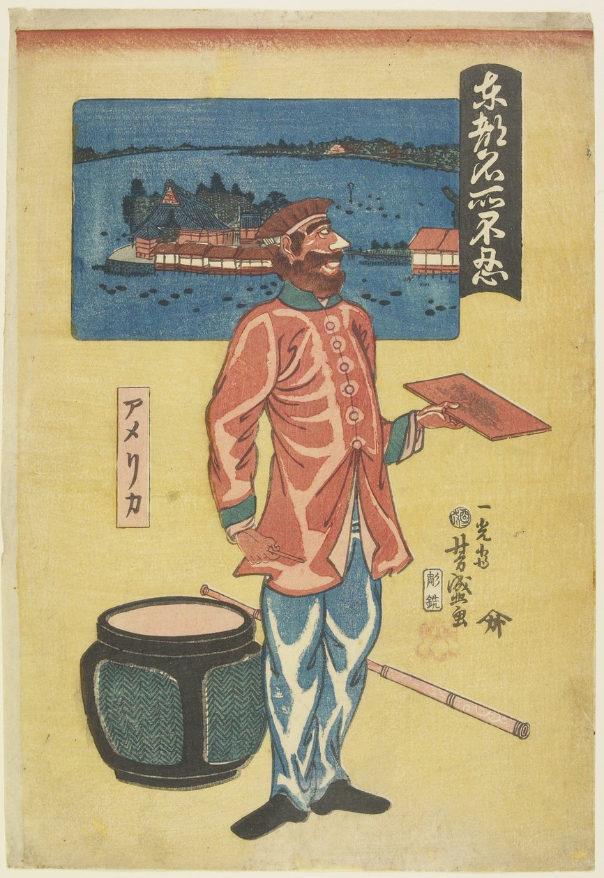 Amerykanin w Shinobazu, 1861 (kolorowy drzeworyt) autorstwa Utagawa Yoshimori