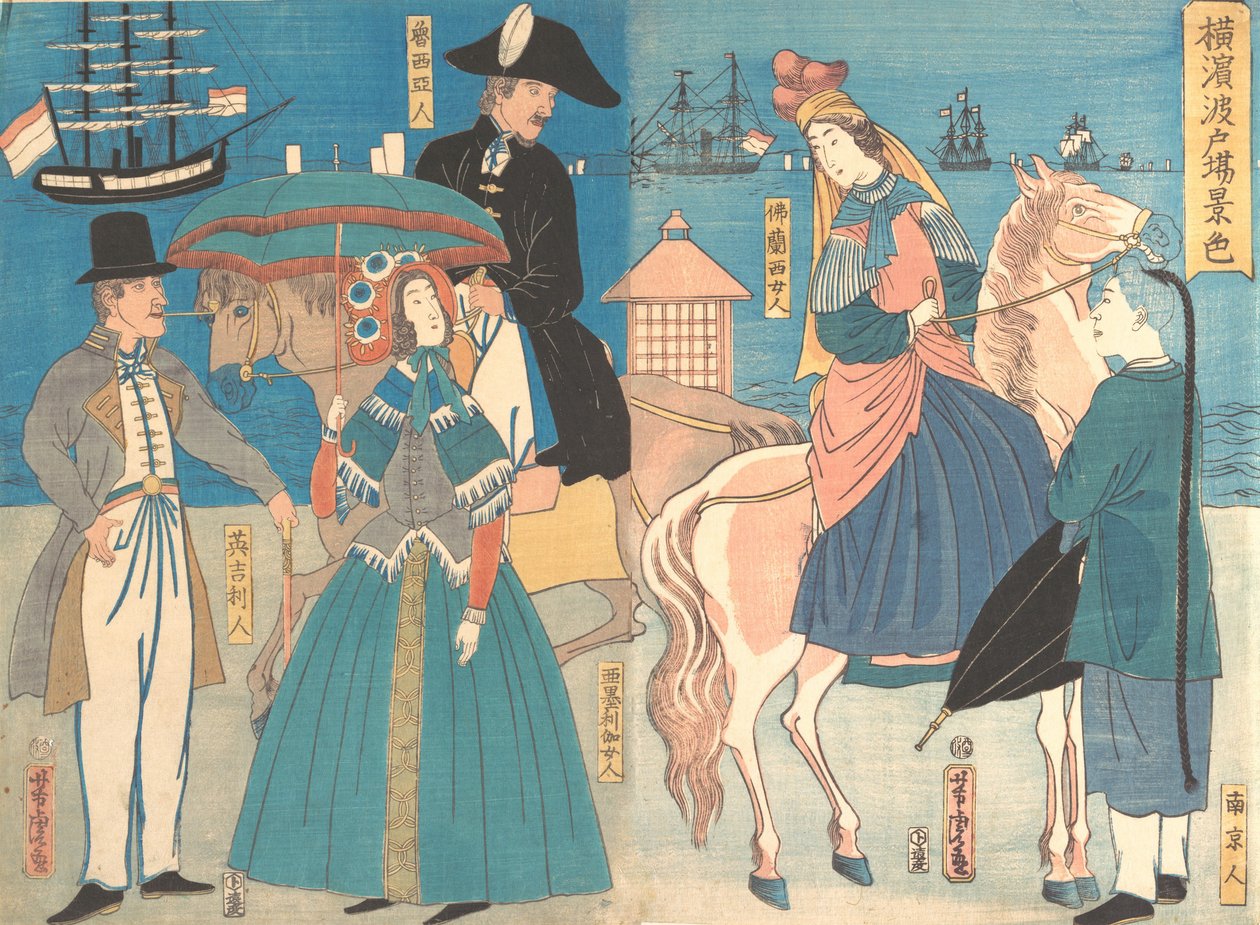 Widok na nabrzeża w Jokohamie, 2. miesiąc 1861. autorstwa Utagawa Yoshitora