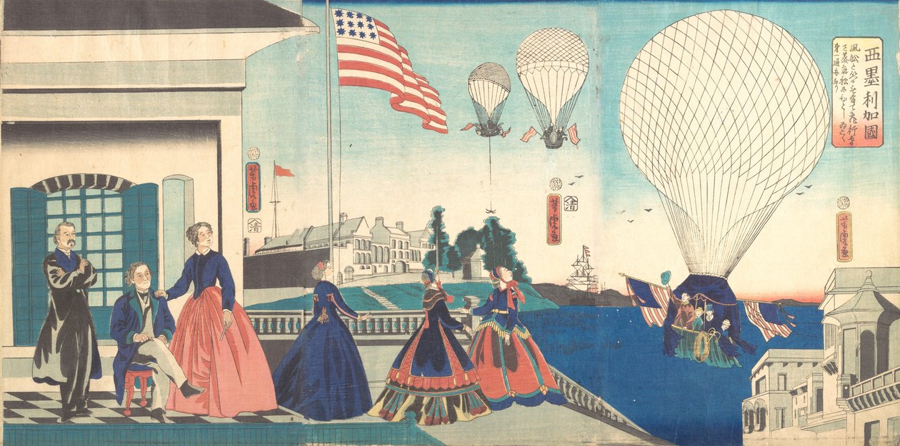 „Ameryka”: cieszenie się balonami na ogrzane powietrze, 1867. autorstwa Utagawa Yoshitora