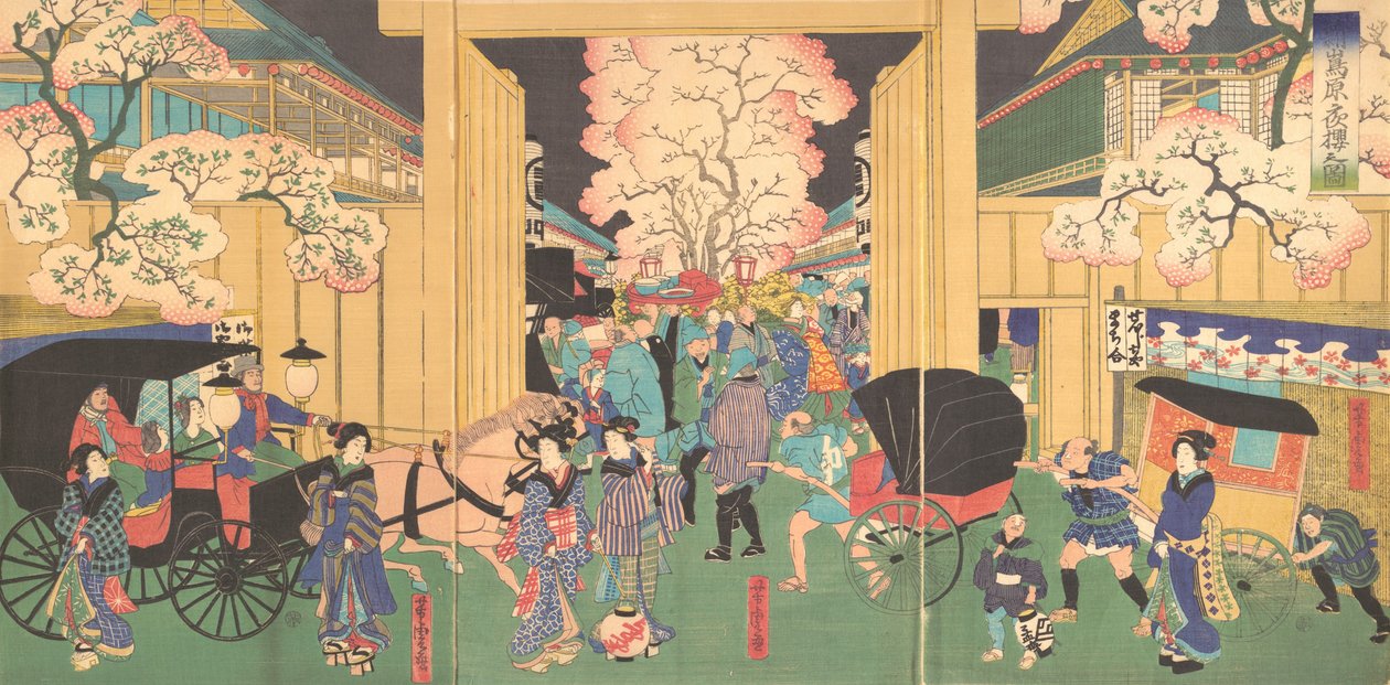 Wiśnie w nocy w New Shimabara, XIX wiek. autorstwa Utagawa Yoshitora
