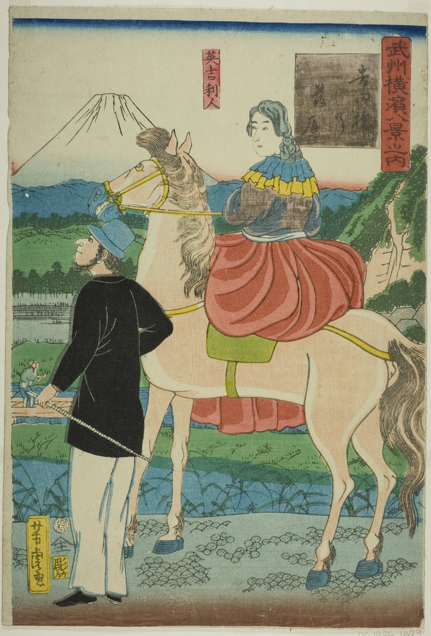 English Watching Decending Geese at Yoshida Bridge (Yoshida-bashi no rakugan, Igirisujin) , z serii „Osiem widoków Jokohamy w prowincji Musashino (Bushu Yokohama hakkei no uchi)” autorstwa Utagawa Yoshitora