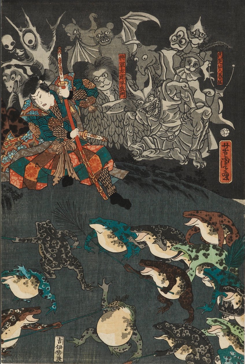 Nikushi the Frog Spirit przywołuje magiczną bitwę żab w Tateyama w prowincji Etchu, 1864 autorstwa Utagawa Yoshitora