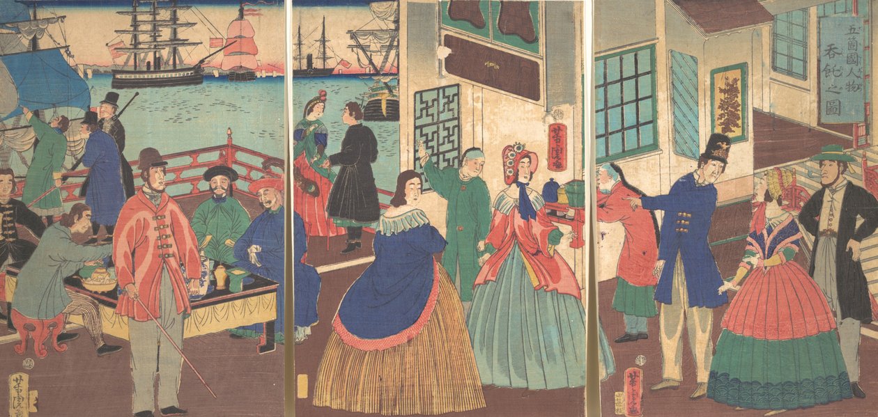 Widok jedzenia i picia przez ludzi z pięciu krajów, 1861, 12 miesiąc. autorstwa Utagawa Yoshitora