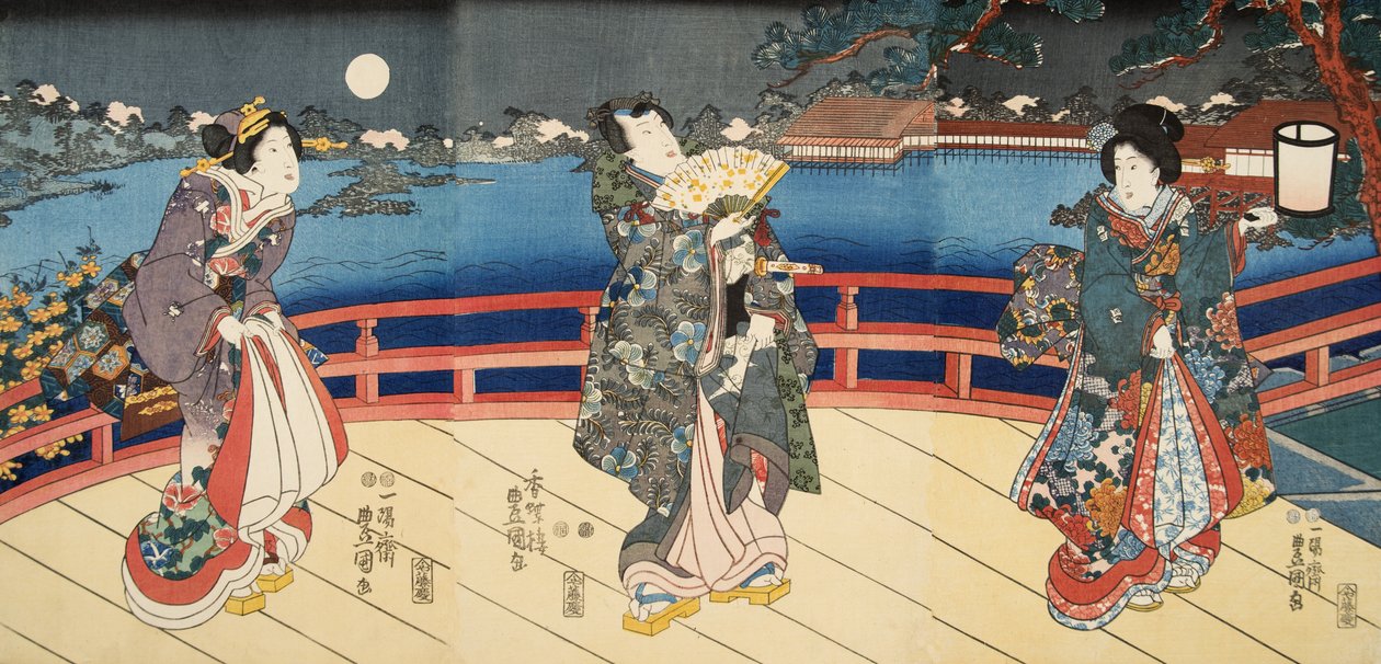 Scena z Genji monogatari (Opowieść o Genji) Murasaki Shibuku (ur. 978) 1860 (kolorowy drzeworyt) autorstwa Utagawa and Toyokuni Kuniyoshi