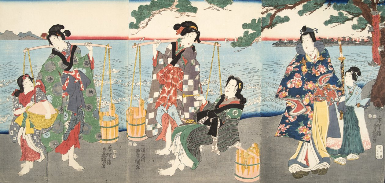 Scena z Genji monogatari (Opowieść o Genji) Murasaki Shibuku (ur. 978) 1860 (kolorowy drzeworyt) autorstwa Utagawa and Toyokuni Kuniyoshi