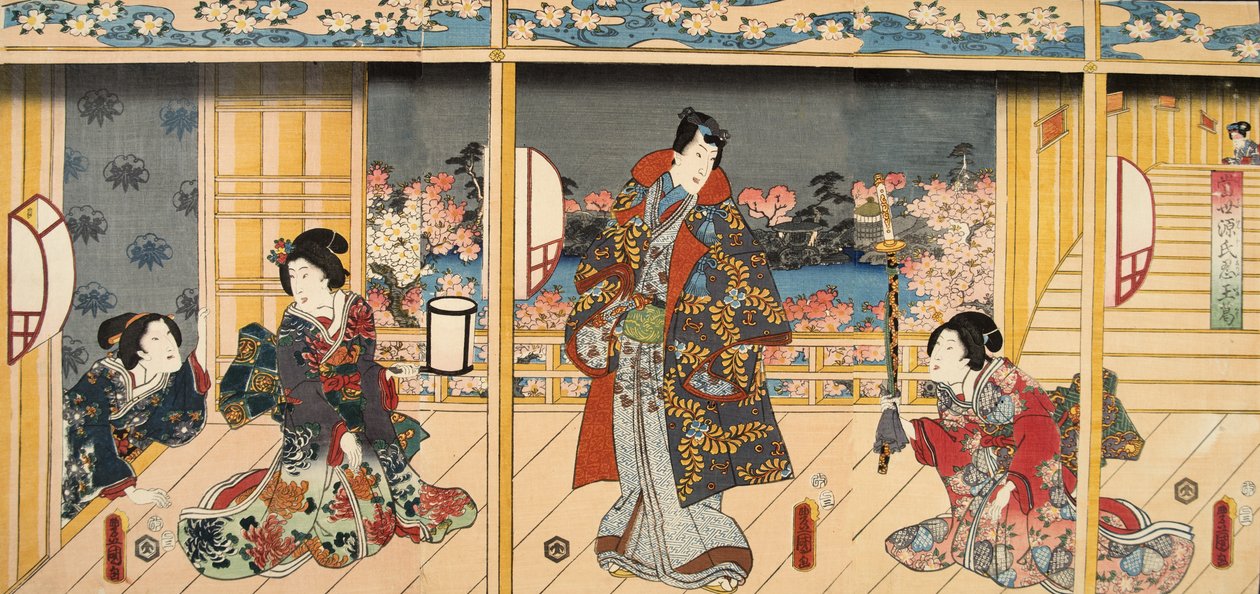 Scena z Genji monogatari (Opowieść o Genji) Murasaki Shibuku (ur. 978) 1860 (kolorowy drzeworyt) autorstwa Utagawa and Toyokuni Kuniyoshi