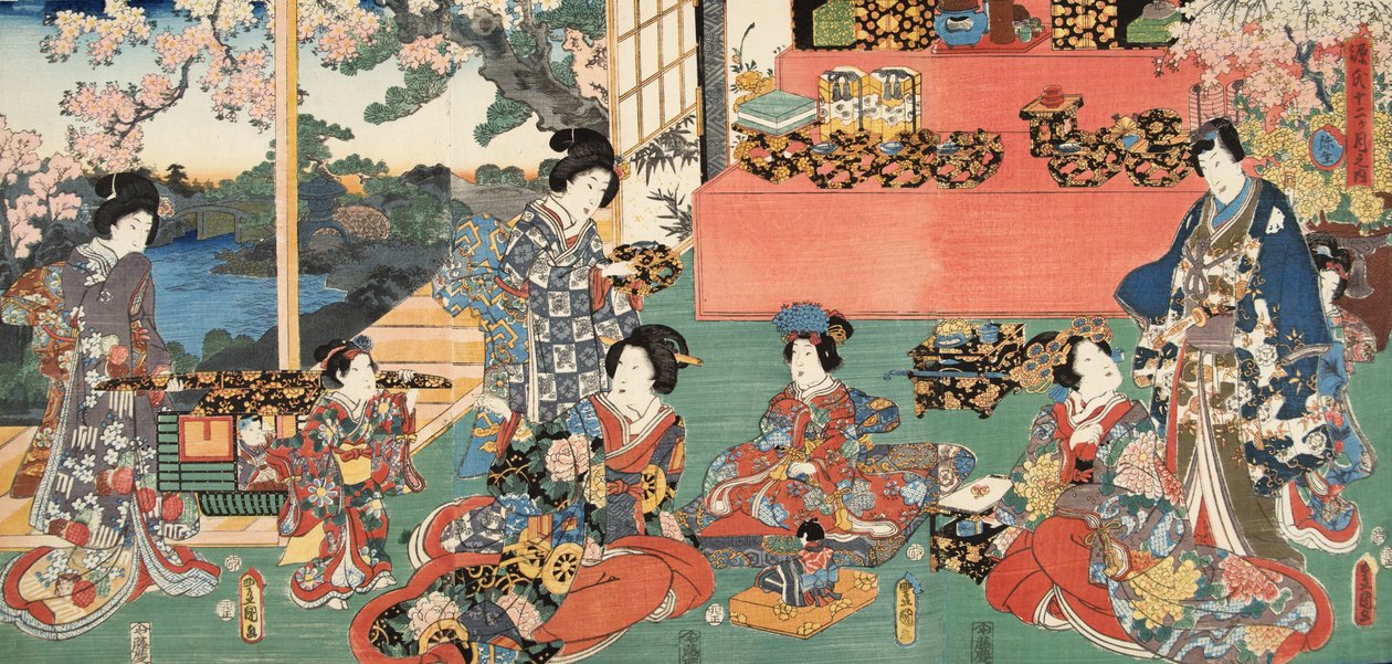 Scena z Genji monogatari (Opowieść o Genji) Murasaki Shibuku (ur. 978) 1860 (kolorowy drzeworyt) autorstwa Utagawa and Toyokuni Kuniyoshi
