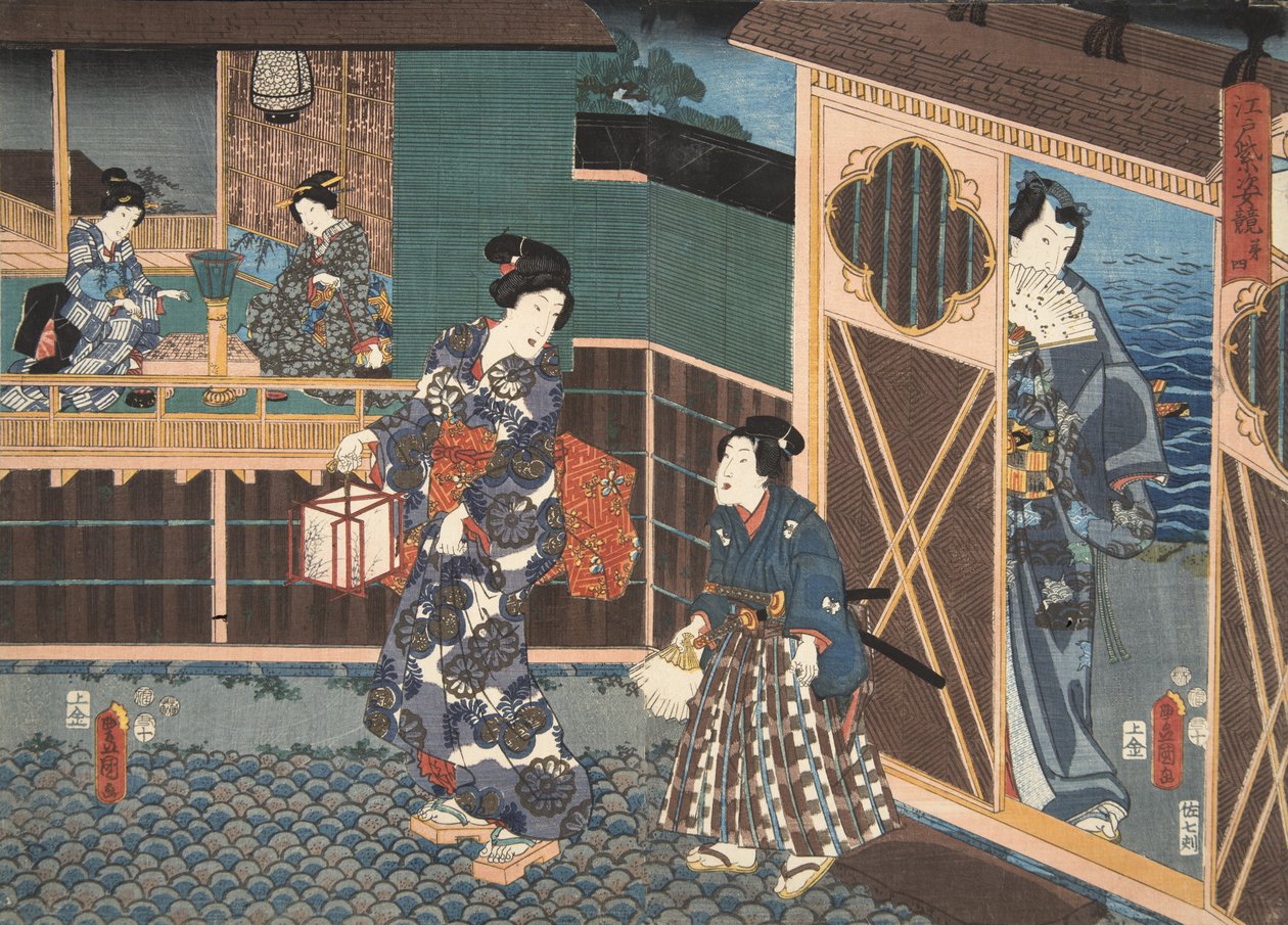 Scena z Genji monogatari (Opowieść o Genji) Murasaki Shibuku (ur. 978) 1860 (kolorowy drzeworyt) autorstwa Utagawa and Toyokuni Kuniyoshi