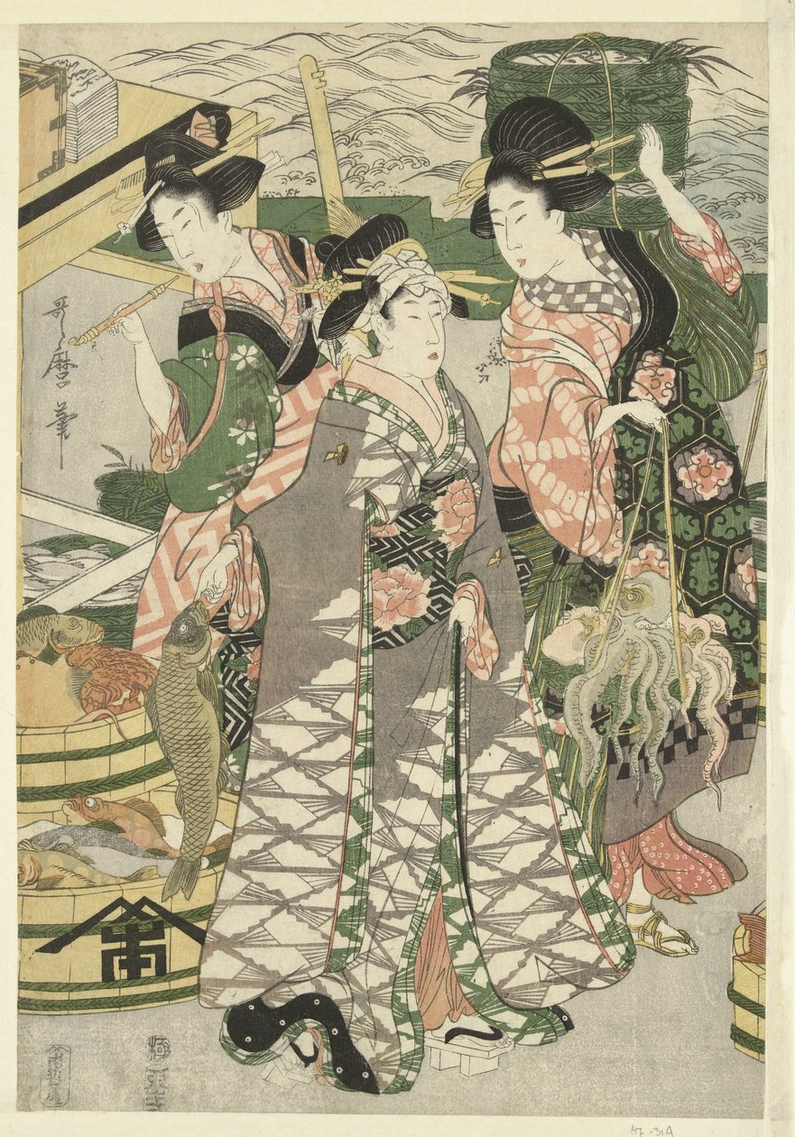 Widok na targ rybny na plaży w Shiba [Shiba] no ura uoichi no zu autorstwa Utamaro (II) , Kitagawa