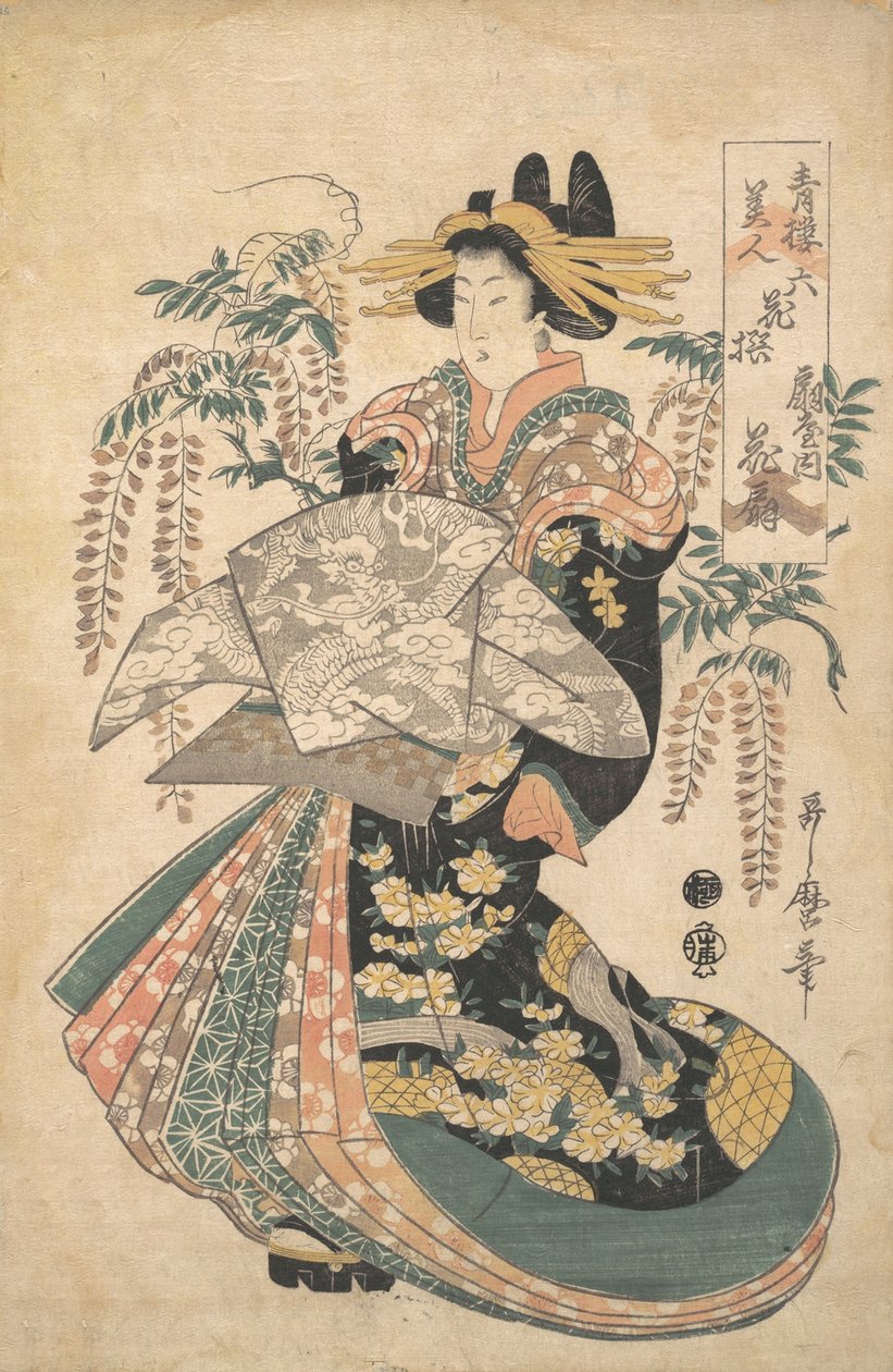 Kurtyzana z Wisteria w tle. autorstwa Utamaro II