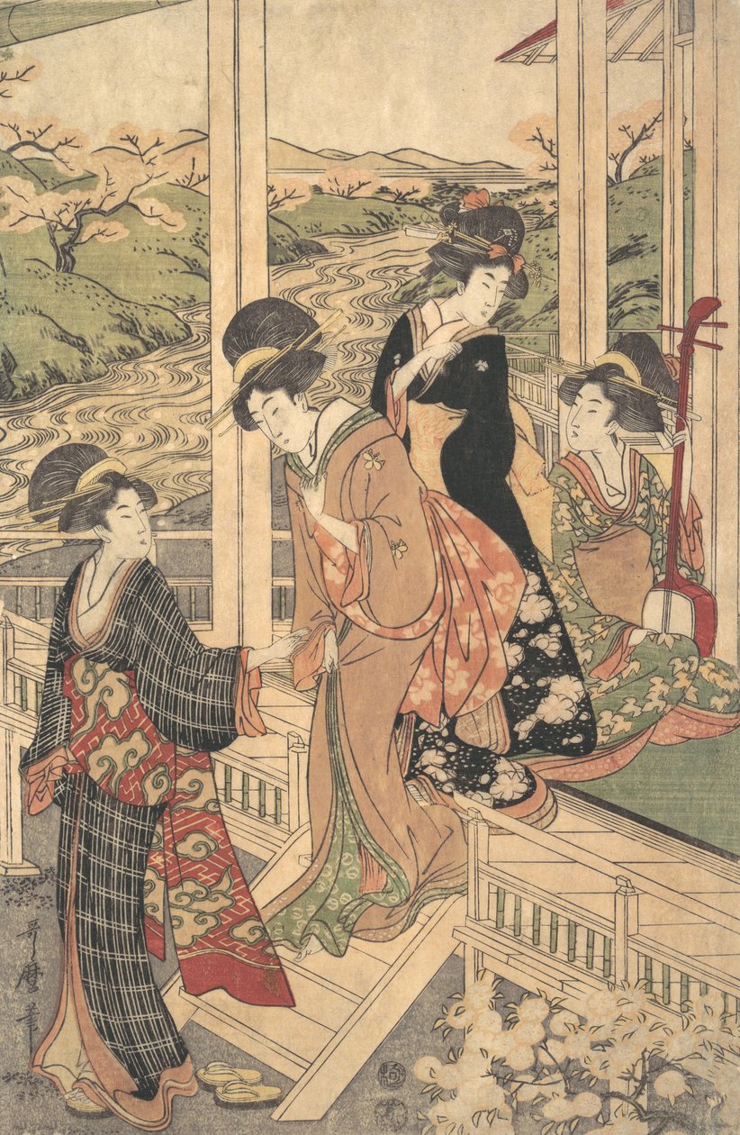 Grupa kobiet na Engawie wiejskiego domu, w okresie Kwitnącej Wiśni,..., ok. godz. 1806. autorstwa Utamaro II