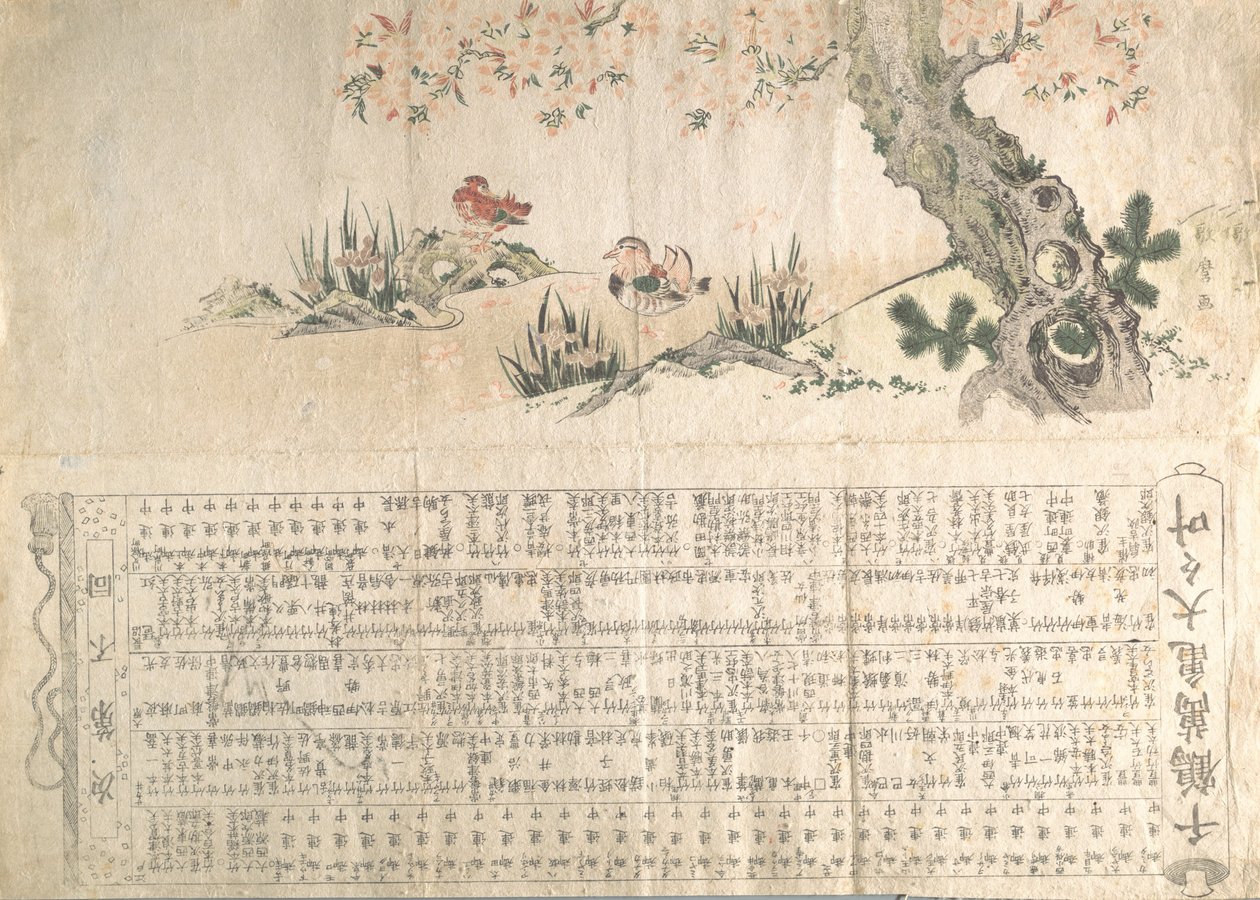Kaczki mandarynki w wiosennym krajobrazie: program spektaklu Jururui, ca. 1807.. autorstwa Utamaro II