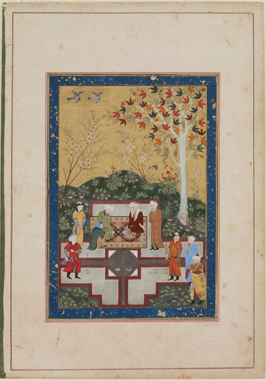 Stara kobieta i dwóch mężczyzn, ok. 1520-30 (atrament, nieprzezroczysta akwarela i złoto na papierze) autorstwa Uzbek School