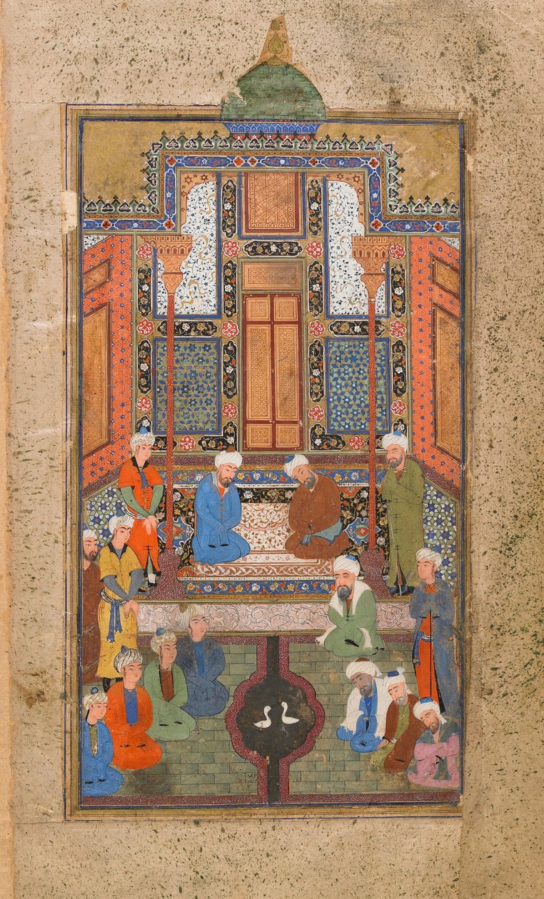 Scena pałacowa w Tuhfat al-Ahrar (dar za darmo) Buchara, Uzbekistan, okres uzbecki, ok. 1540 (nieprzezroczysta akwarela, atrament i złoto na papierze) autorstwa Uzbek School