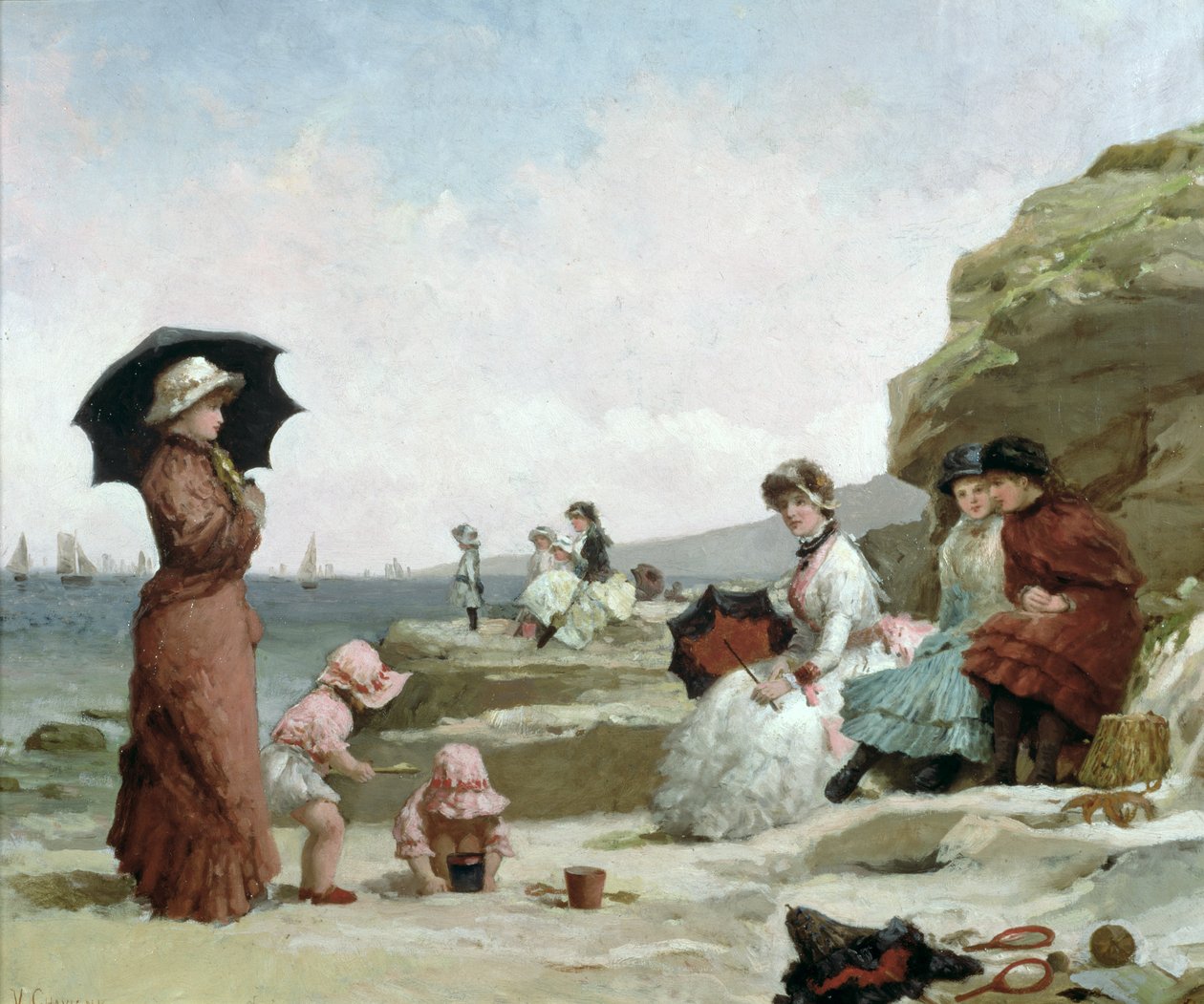 Pejzaż morski, Postacie na plaży, ok. 1870 autorstwa V. Chavigny