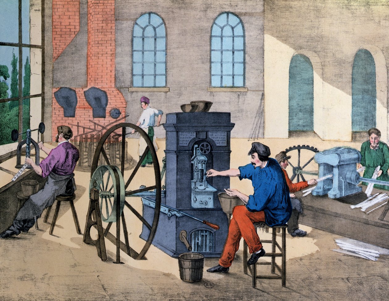 Robotnik uderzający pieniądze w Monnaie de Paris, tablica 9 z podręcznika o przemysłach i zawodach, wydana ok. 1860 r. autorstwa V. Janson