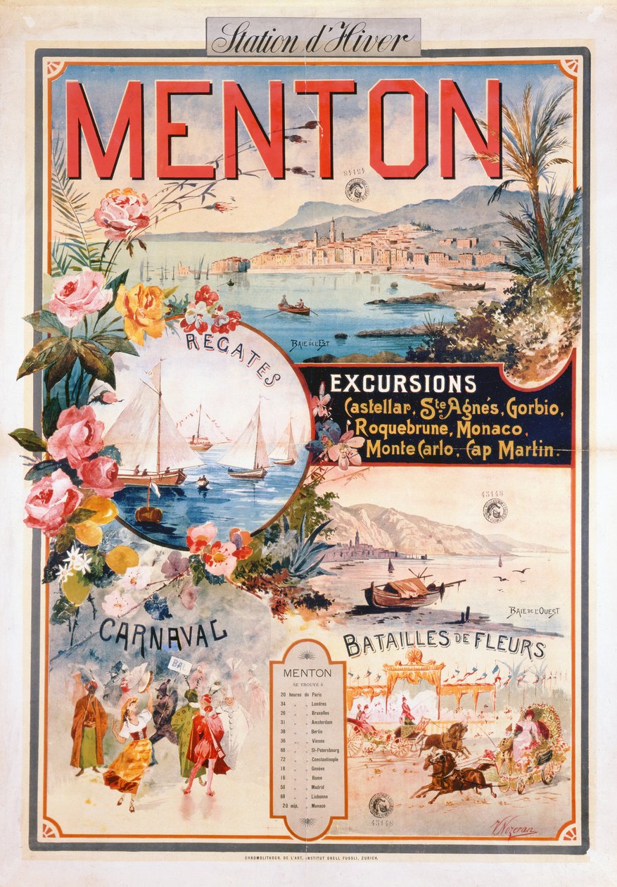 Plakat reklamujący Menton jako kurort zimowy (chromolitho) autorstwa V. Nozeran
