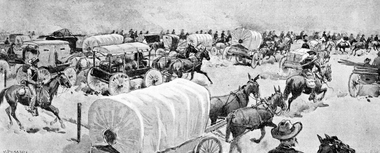 Wielki pośpiech w południe 16 września: Patrząc na wschód wzdłuż południowej linii rezerwatu szkół indyjskich, 1893 autorstwa V. Perard