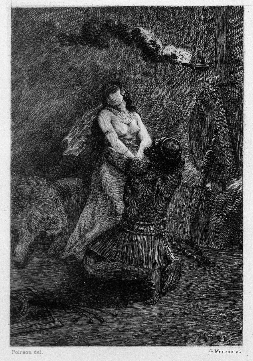 Klęczał na podłodze przed nią. Ilustracja autorstwa V.A. Poirson (1890) za powieść „Salammbo” Gustave
