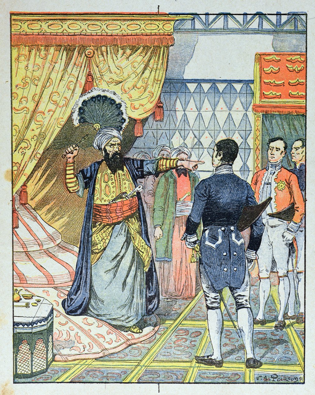 Dey Algieru, Hussein ibn El Hussein uderza wachlarzem francuskiego ambasadora M. Devala, 27 kwietnia 1827, okładka podręcznika szkolnego, 1891 autorstwa Victor Armand Poirson
