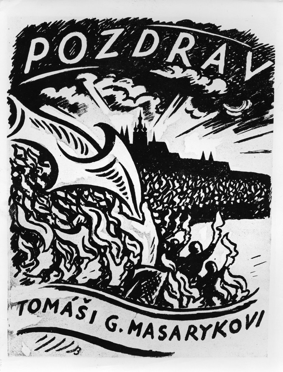 Pozdrowienia, Tomas Masaryk, ilustracja przedstawiająca wjazd Masaryka do Pragi 8 grudnia 1918 r. autorstwa V.H. Brunner