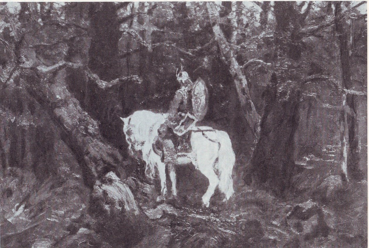 W myśli  (Rycerz na koniu wjeżdża do gęstego lasu) autorstwa V.Vasnetsov