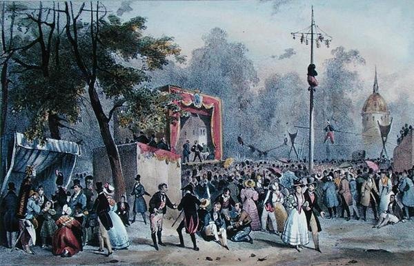 „Fete de Roi” na Polach Elizejskich, Paryż, grawerowane przez Lemerciera, ok. 1820 (litografia kolorowa) autorstwa V. (after) Adam