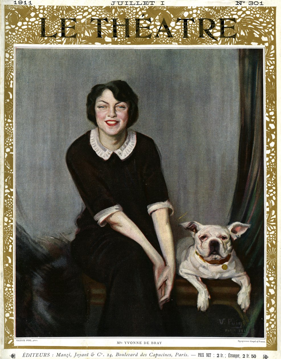 Yvonne De Bray, portret z psem autorstwa V. (after) Puig
