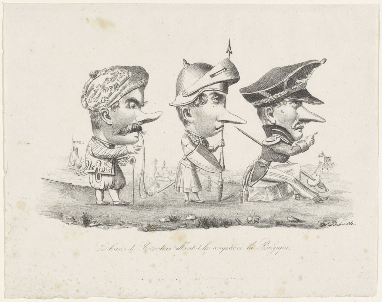 Karykatura milicji z Rotterdamu, 1830 r Les braves de Rotterdam allant à la conquête de la Belgique (tytuł na obiekcie) autorstwa V. Dubrulle