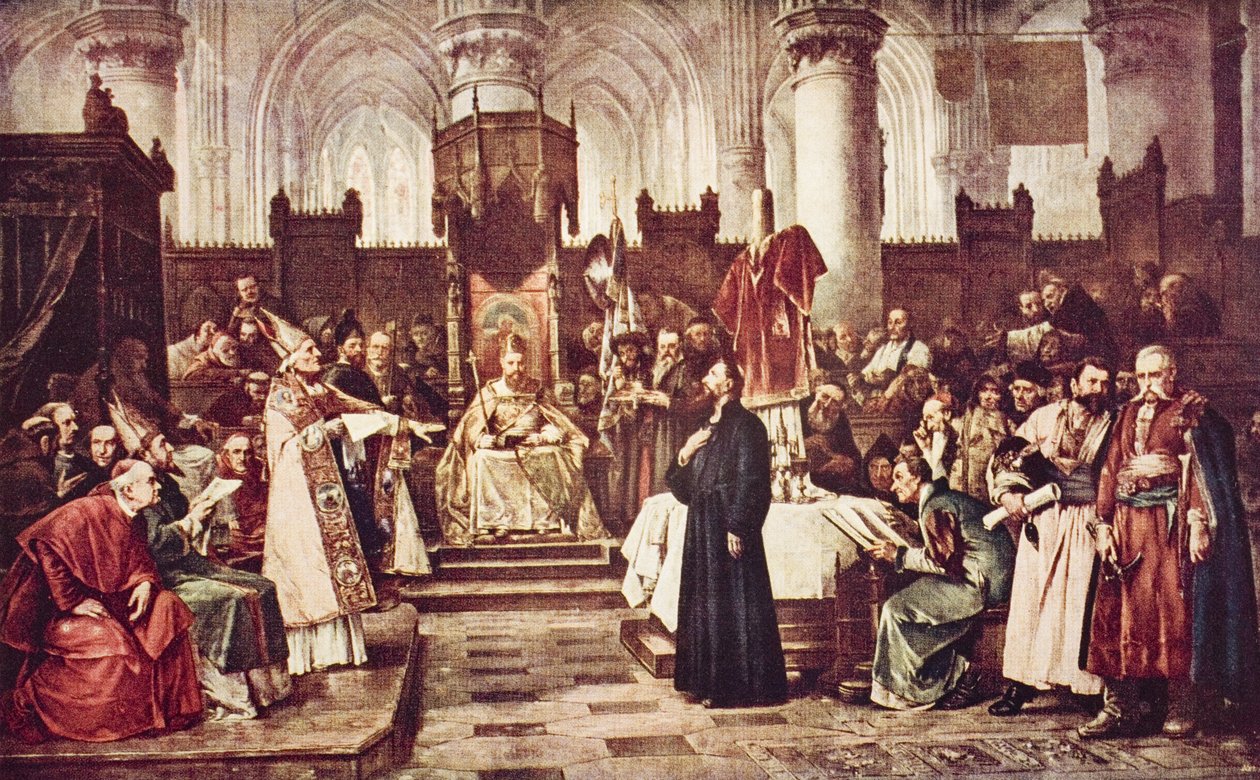 John Huss w Konstancji, ilustracja z „Zarysu historii” H.G. Wellsa, tom II, wydanej w 1920 r. (kolor lito) autorstwa Vaclav  Brozik