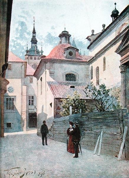 Jirska Ulice, Praga, ilustracja ze „Stara Praha (Stara Praga)”, ok. 1900 (lito) autorstwa Vaclav Jansa