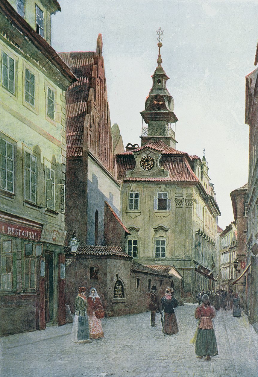 Ratusz Żydowski w Pradze, ilustracja ze „Starej Pragi”, ok. 1898 r. autorstwa Vaclav Jansa