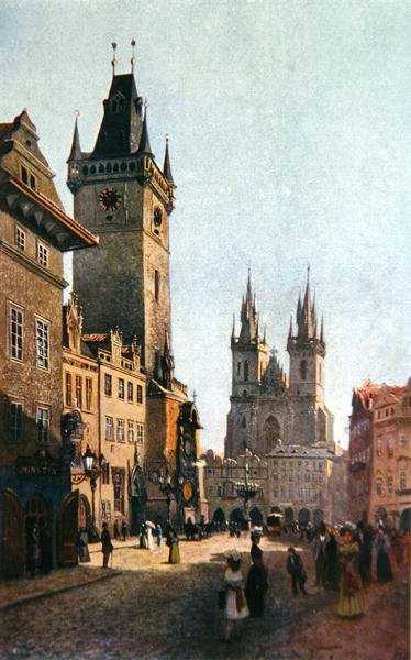 Widok na Staromestsky Rynk z ratuszem i kościołem Matki Boskiej przed Tynem, ze „Starej Pragi” ok. 1900 (kolor lito) autorstwa Vaclav Jansa