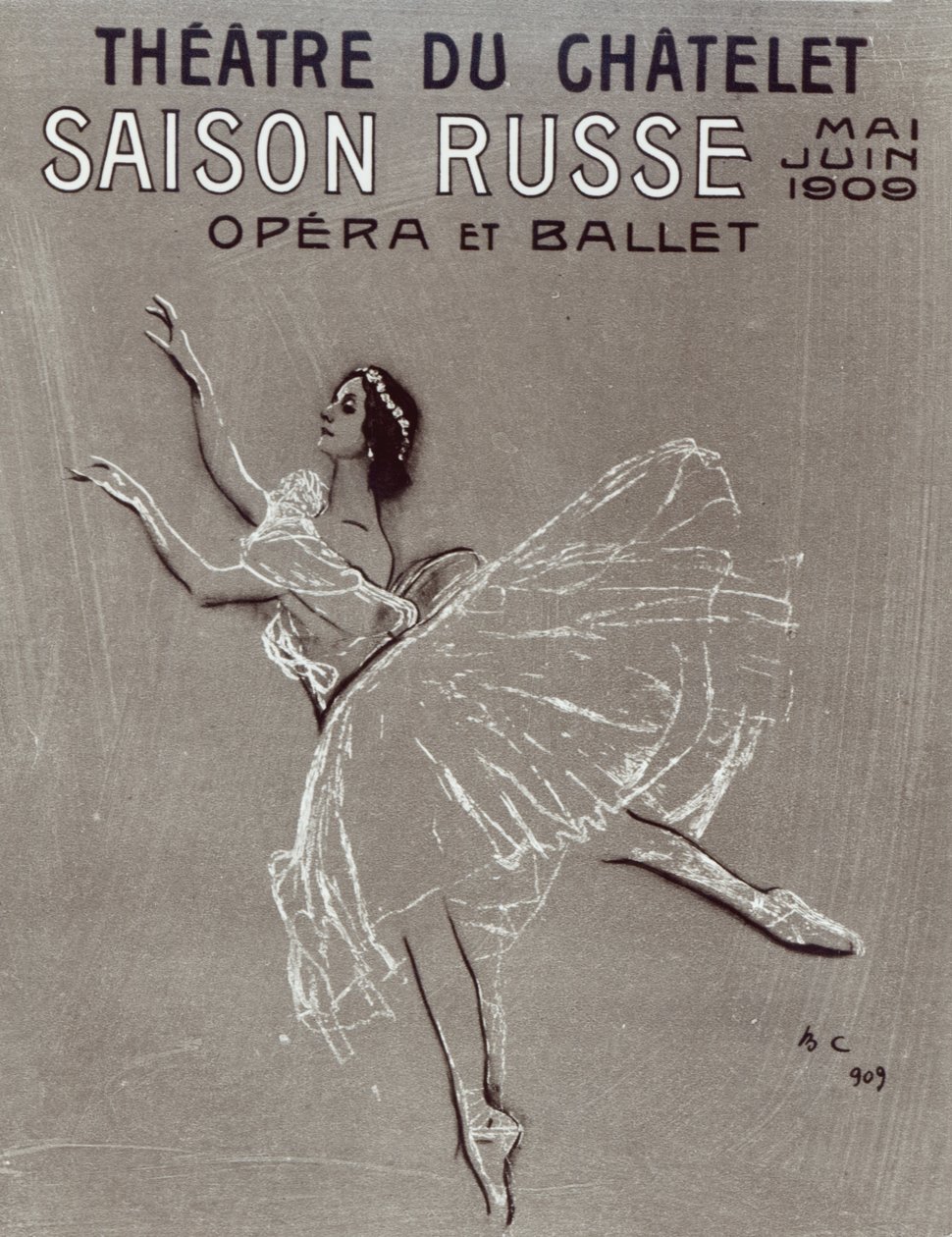 Plakat do „Saison Russe” w Theatre du Chatelet, 1909 (węgiel i kreda na papierze) autorstwa Valentin Aleksandrovich Serov