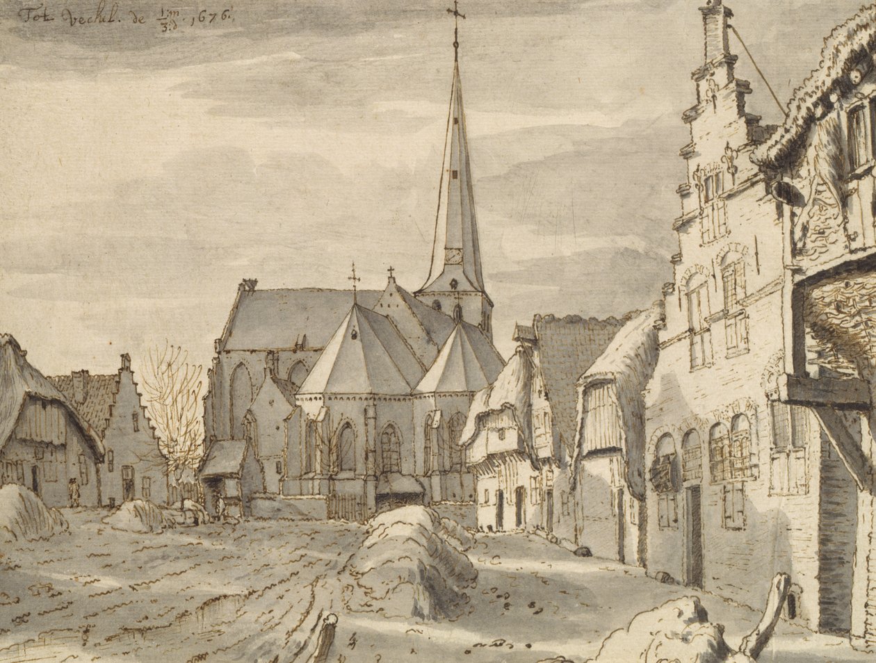 Przed kościołem w Veghel, 1676 r. (pióro i brązowy tusz oraz szary wash na papierze) autorstwa Valentin Klotz