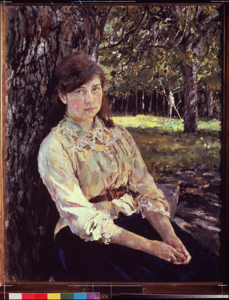 Młoda dziewczyna w słońcu. Portret Marii Simonowicz. Obraz Valentina Aleksandrowicza Sierowa (1865-1911), olej na płótnie 1888. XIX-wieczna sztuka rosyjska, secesja, modernizm. Państwowa Galeria Tretiakowska, Moskwa. autorstwa Valentin Aleksandrovich Serov