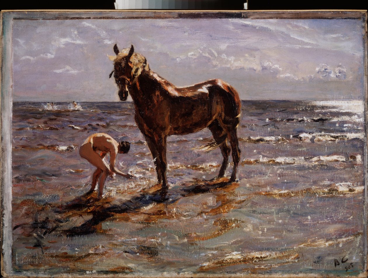 Kąpiel konia. (Młody nagi mężczyzna pluskający konia, dwie inne postacie wybiegają w morze). Obraz Valentina Aleksandrowicza Sierowa (1865-1911), olej na płótnie autorstwa Valentin Aleksandrovich Serov