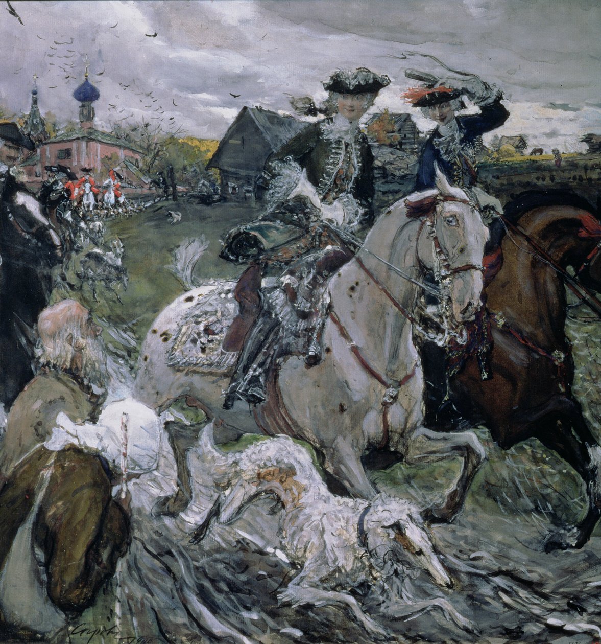 Piotr II (1715-30) i Caryewna Elżbieta (1709-62) Polowanie, 1900 (tempera i gwasz na papierze) autorstwa Valentin Aleksandrovich Serov