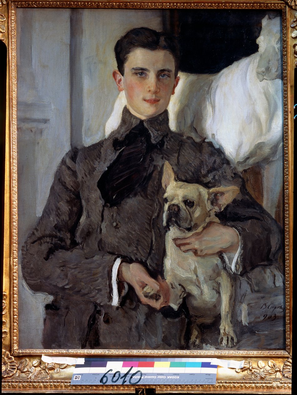 Portret księcia Feliksa Youssoupoffa, hrabiego Soumarokov Elston (1887-1967), z psem. (Portret księcia Feliksa Jusupowa, hrabiego Sumarokowa Elstona, z psem). Obraz Valentina Aleksandrowicza Sierowa (1865-1911), olej na płótnie autorstwa Valentin Aleksandrovich Serov