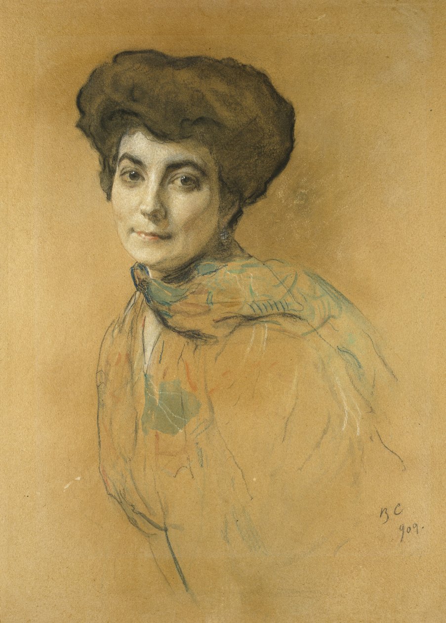 Portret Eleny Iwanowny Roerich, 1909 (pastel i toaleta z akcentami koloru ciała na jasnobrązowym papierze) autorstwa Valentin Aleksandrovich Serov