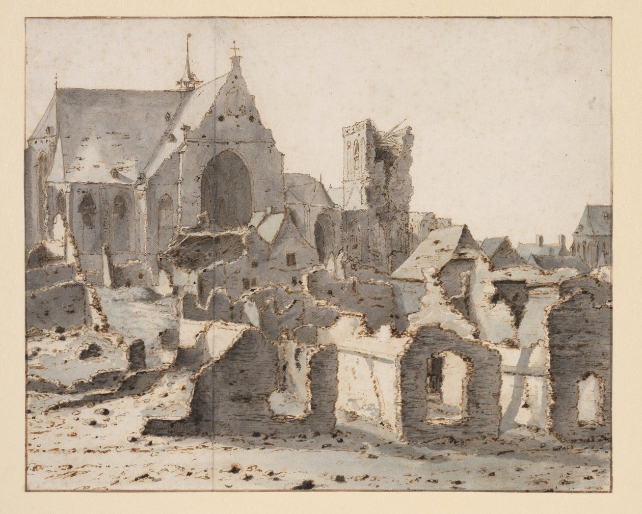 Widok grobu na Maas po oblężeniu, 2 marca 1675 (grafit, długopis i brązowy atrament, szaroniebieskie spranie na papierze) autorstwa Valentin Klotz