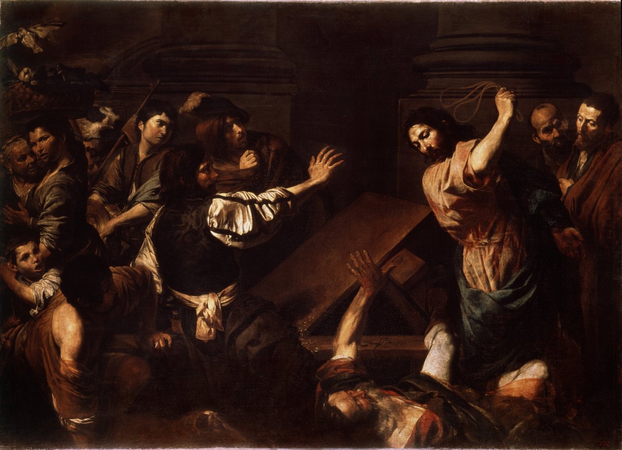 „Chrystus wyprowadza pożyczkodawców ze świątyni” (Chrystus wyprowadza pożyczkodawców ze świątyni) Obraz Valentina de Boulogne (1591-1632) 1620-1625 Wymiary 192x266,5 cm Muzeum Ermitażu, Sankt Petersburg autorstwa Valentin de Boulogne