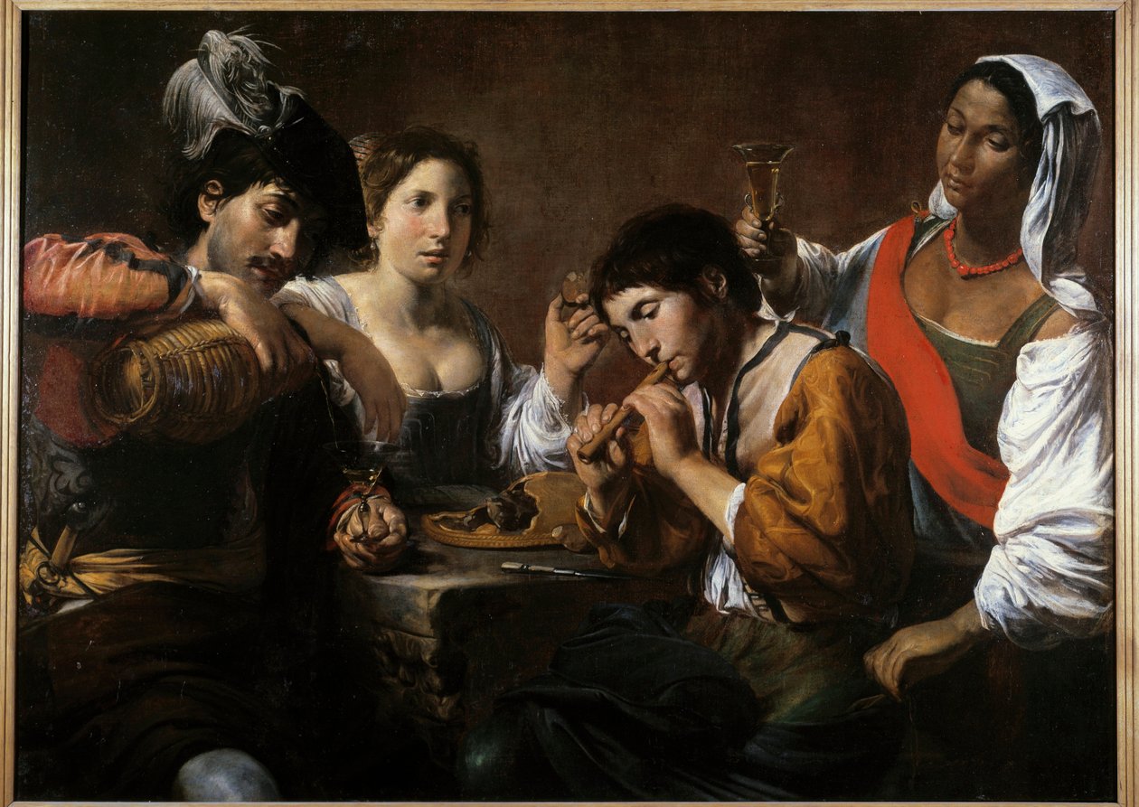 Spotkanie w kabarecie Obraz Valentina de Boulogne (1591-1632) XVII w. Nd. 0,96x1,33 m² autorstwa Valentin de Boulogne