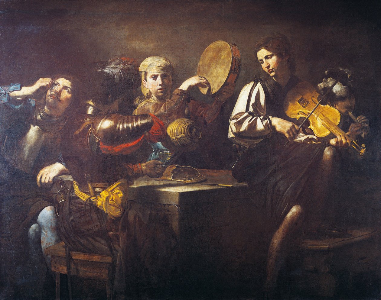 Muzycy i żołnierze, ok. 1626, Valentin de Boulogne (1591-1632), olej na płótnie autorstwa Valentin de Boulogne