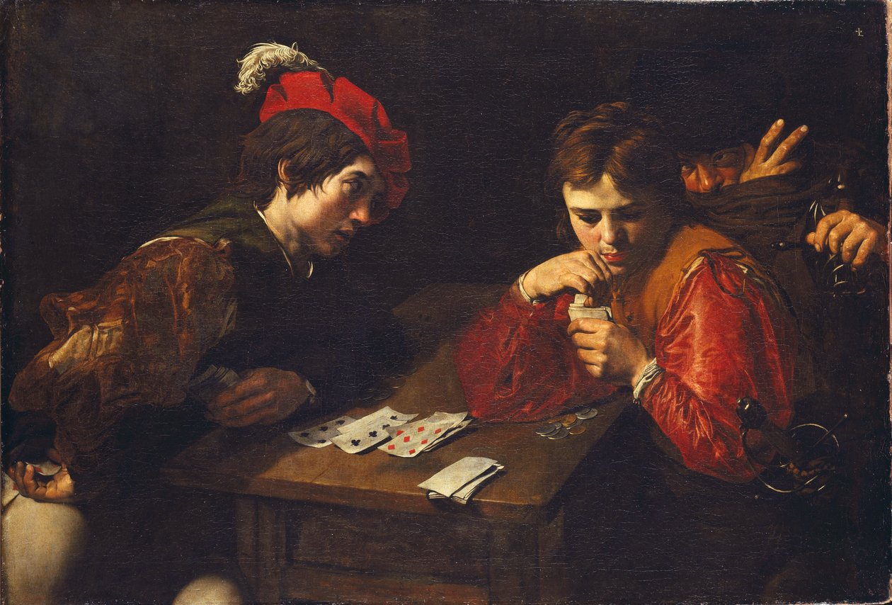 Cardsharps autorstwa Valentina de Boullogne (1591-1632). olej na płótnie, ok. 1615. Wymiar: 94,5x137 cm. Państwowe Kolekcje Sztuki w Dreźnie autorstwa Valentin de Boulogne