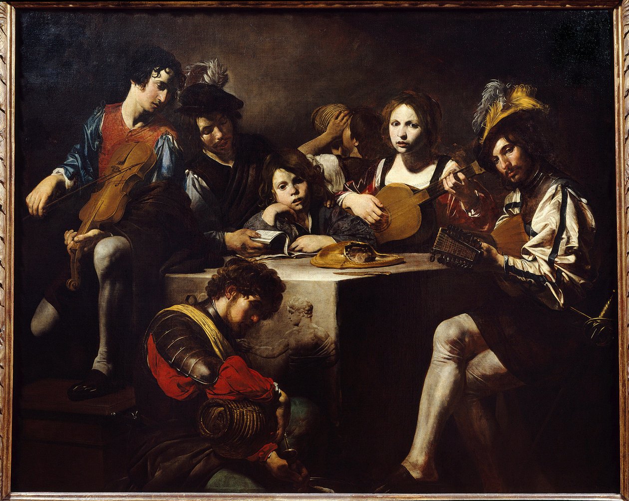 Koncert płaskorzeźby. Wokół rzeźbionego ołtarza zgromadzili się muzycy. Obraz Valentina de Boulogne (1591-1632). Ciemny. 1,73 x 2,14m. autorstwa Valentin de Boulogne