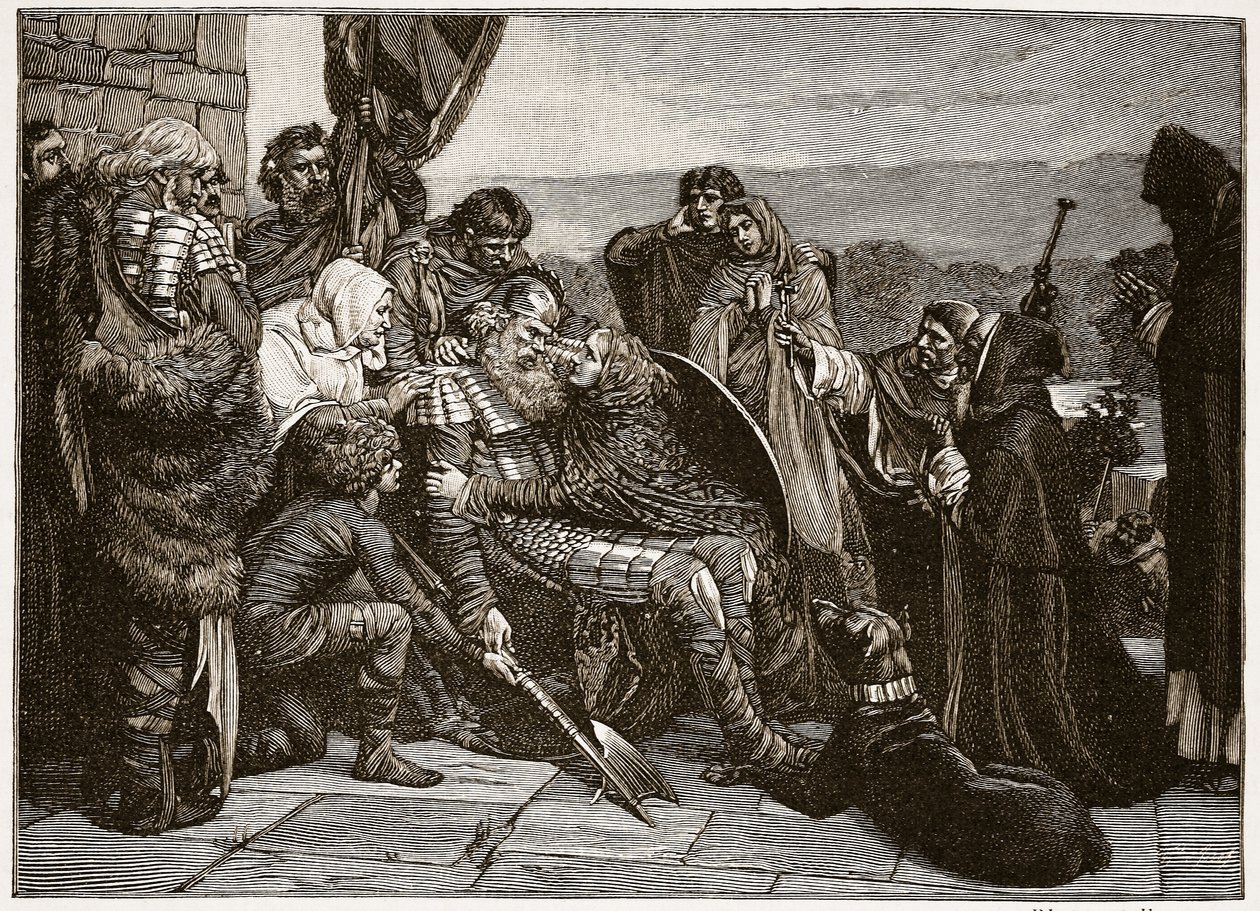 Śmierć Siwarda, ilustracja z „Kościoła anglikańskiego: historia dla ludu” autorstwa H.D.M. Spence-Jones, wyd. ok. 1910 (zdjęcie w sepii) autorstwa Valentine Cameron Prinsep