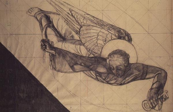 Anioł z kluczami, 1925 (węgiel i ołówek) autorstwa Valentine Reyre